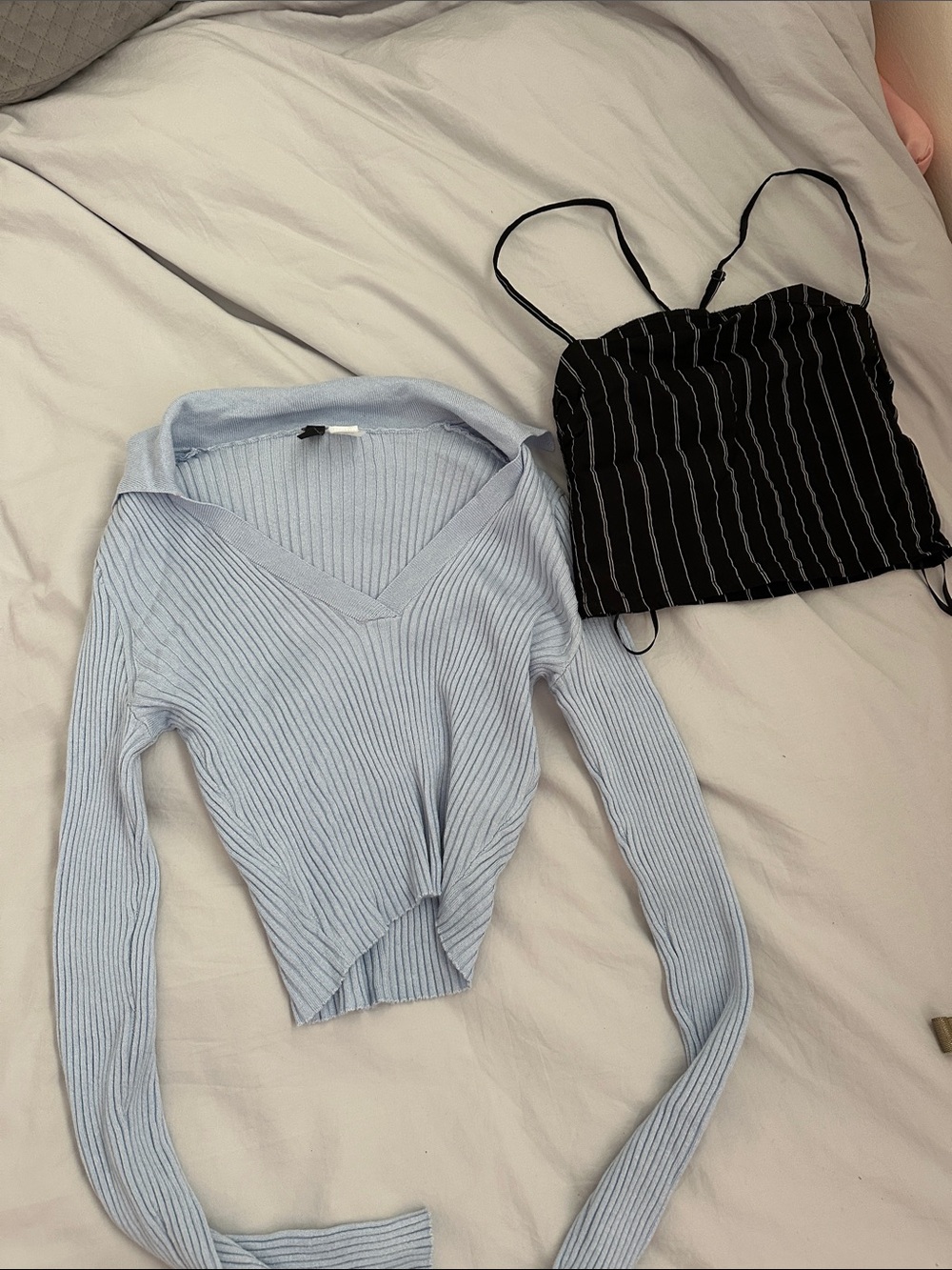 H&M Light Blue Ribbed V-Neck Sweater Top and Black Pinstripe Cami